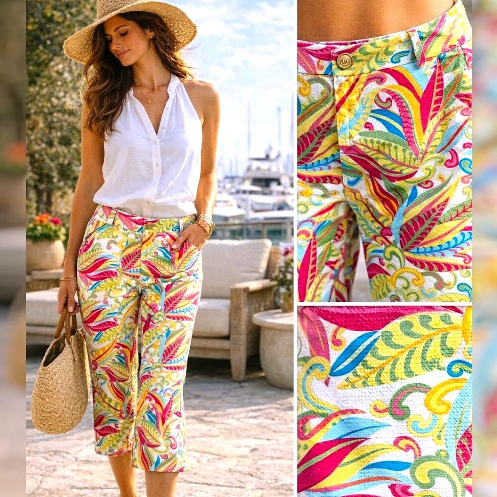 Tommy Hilfiger Tropical Print Capri Pants Size 10 Stretch Colorful Preppy Resort